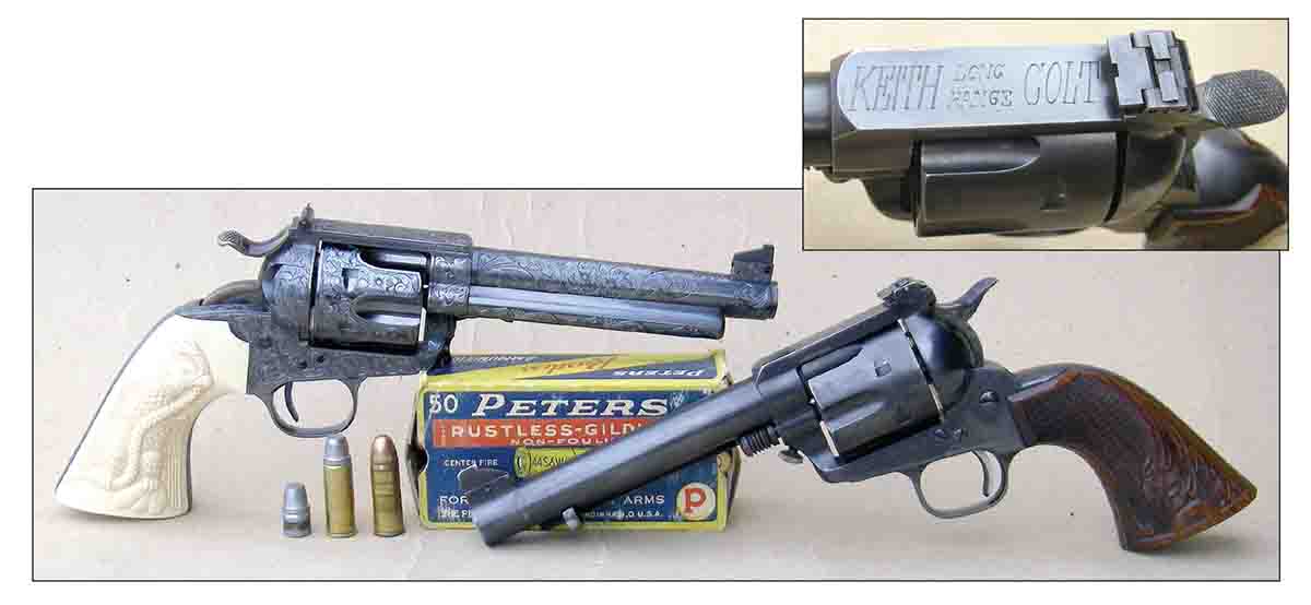 During the 1920s Elmer Keith developed the Ideal/Lyman No. 429421 bullet to improve the .44 Special’s accuracy and terminal performance. This bullet is still widely popular. At left is a reproduction of Keith’s original No. 5 as produced by Bowen Classic Arms; at right is the original “KEITH LONG RANGE COLT.”